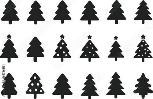 Christmas tree icon set, festive pine silhouettes and decorated holiday trees with stars and ornaments for winter or Xmas designs