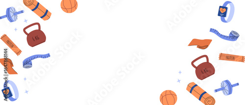 Fitness equipment frame: dumbbells, yoga mats, kettlebells, basketballs, sports bands, dumbells, sportswears.