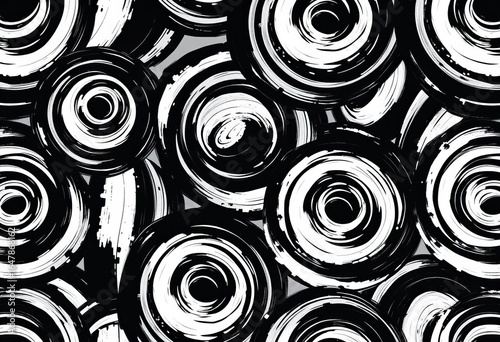Abstract black and white seamless pattern of hand-painted brush stroke rings,  elegant,  stylish