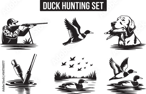 Duck hunting scenes with dog, hunter, and decoys