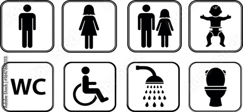 Universal public facility icons set Simple black and white vector pictograms for restrooms, accessibility, and family needs. Essential signs for modern navigation and public amenity identification.