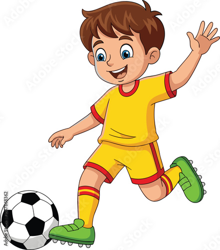 Cartoon boy playing soccer, yellow uniform with red accents, green cleats, kicking ball, smiling athlete, sports illustration, action pose