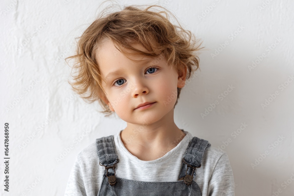 Naklejka premium Cute kindergarten boy with curly hair poses against a plain white background while showcasing a thoughtful expression and dressed in casual gray overalls and a t-shirt