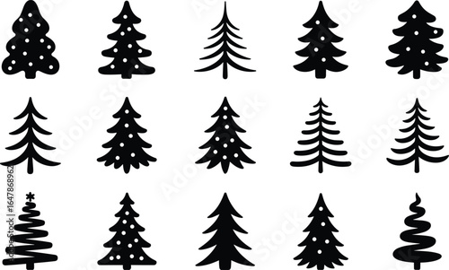 Christmas tree silhouette icons in festive styles, ideal for holiday decor, greeting cards, winter crafts, and seasonal graphic design