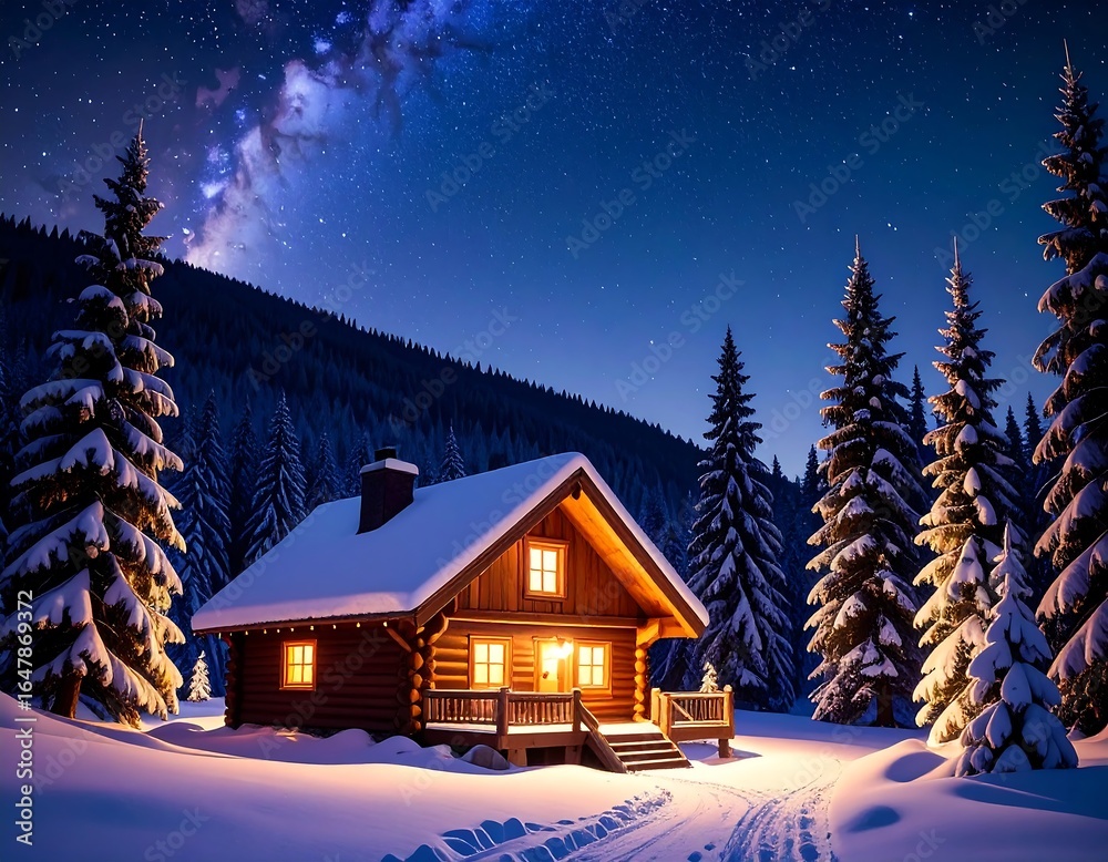Fototapeta premium Cozy log cabin bathed in moonlight, snow-covered forest