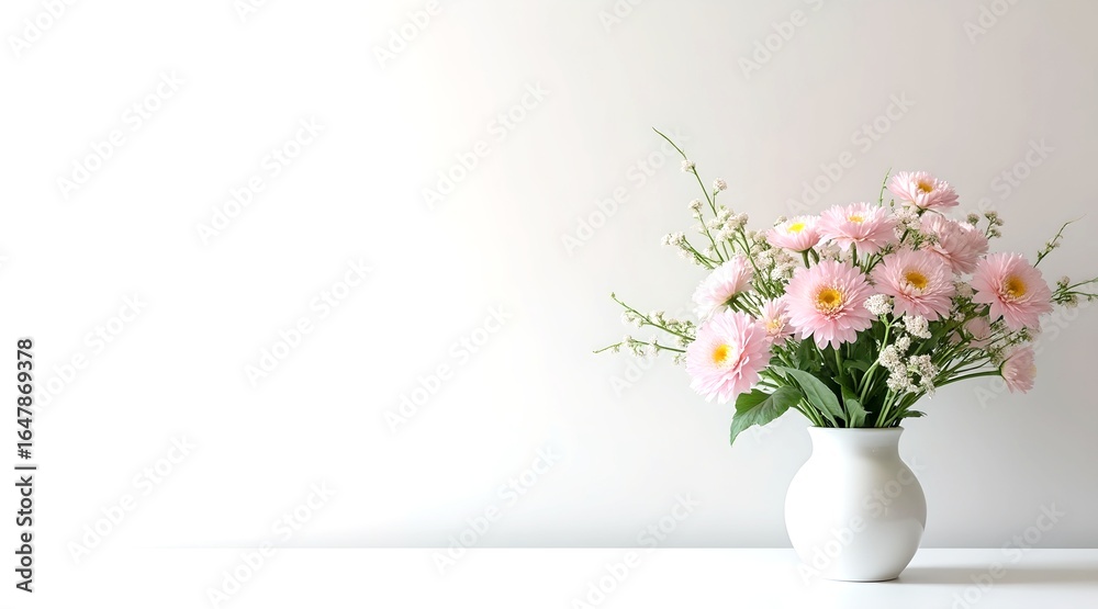 Fototapeta premium Minimalist floral arrangement in a white vase, Simple, elegant and timeless design, Ideal for use, with clean lines and a clear focus on the subject