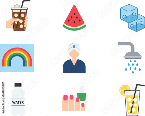Summer refreshment icons, iced coffee, watermelon slice, ice cubes, rainbow, spa relaxation, shower water, bottled water, nail polish, lemonade drink