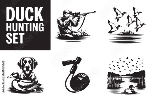 Duck hunting set icons sportsman dog birds and decoys