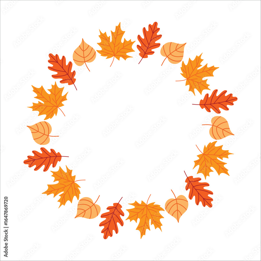 Fototapeta premium Trendy autumn wreath made of colorful seasonal leaves and ferns in warm fall tones, autumn leaves circle. Flat vector design for invitations, greeting cards, posters, social media. Fall season