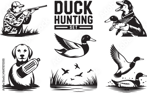 Duck hunting graphics set dynamic outdoor adventure scenes