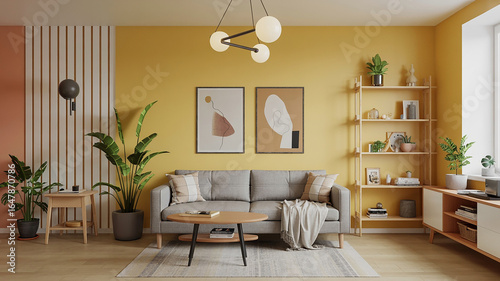 Cozy living room with yellow walls and modern furniture