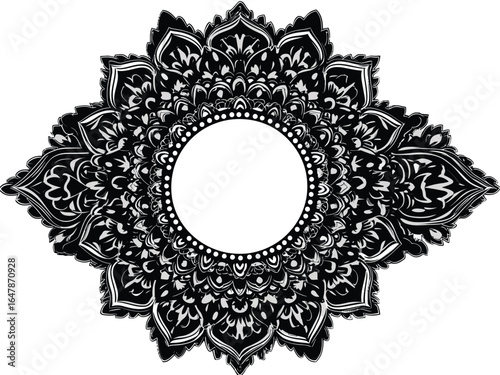 A symmetrical geometric mandala frame with a floral Indonesian motif and a blank center

