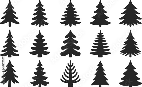 Christmas tree vector silhouettes, pine and fir icons set, festive holiday shapes, black evergreen trees collection, graphic seasonal design elements