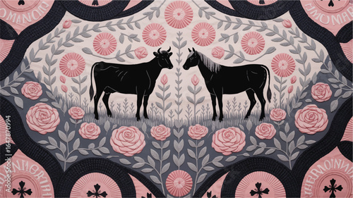 Black bull and horse amidst pink roses and grey foliage black horse floral pattern