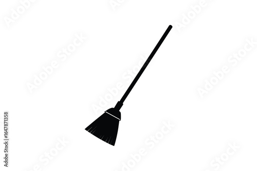 A black silhouette of a broom with a long handle and triangular head