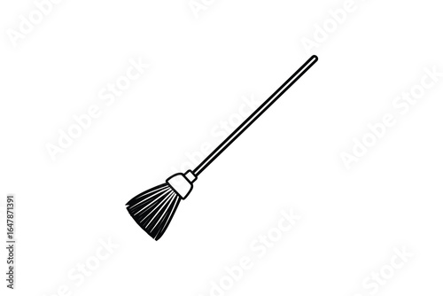 A simple line drawing of a traditional household broom with bristles and a handle silhouette