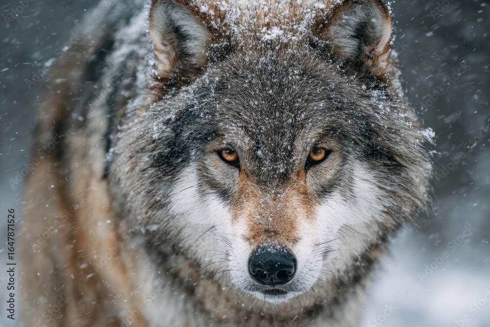 Fototapeta premium Timber wolf navigating through the snowy landscape of Hokkaido, Japan showcasing its majestic presence in the wild winter environment