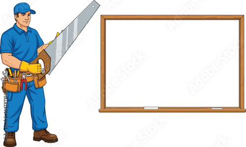 Construction worker holding saw, wearing tool belt, blank board beside him, carpenter illustration, handyman cartoon, woodworking concept, repairman vector, builder clipart