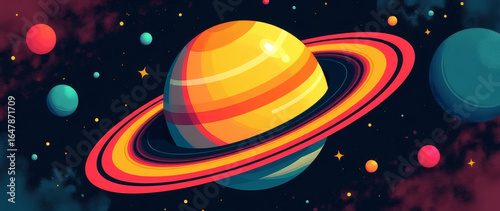 Colorful Pop Art Background with Saturn and other Planets