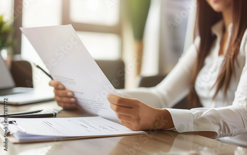 woman handing over his resume to a contract sitting at a desk in an office