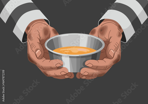Hands of prisoner holding bowl of soup in striped uniform background  