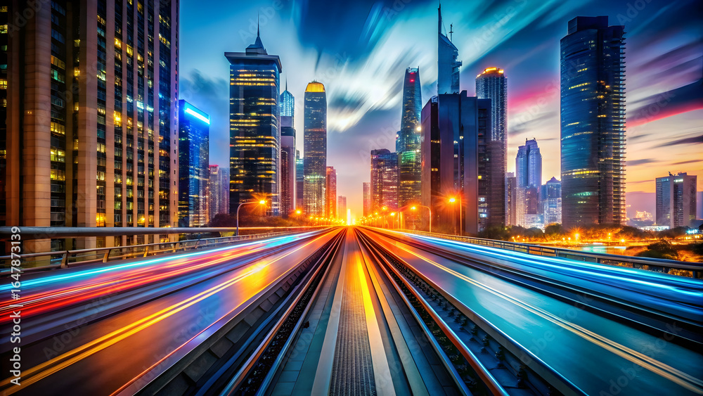 Fototapeta premium Urban cityscape with light trails and modern skyscrapers lights