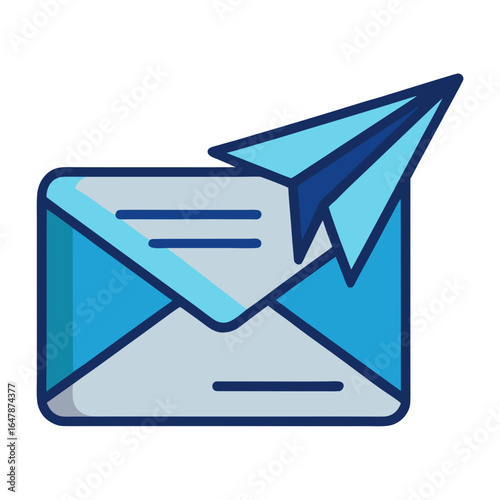 Blue envelope with paper airplane sending message isolated on white background