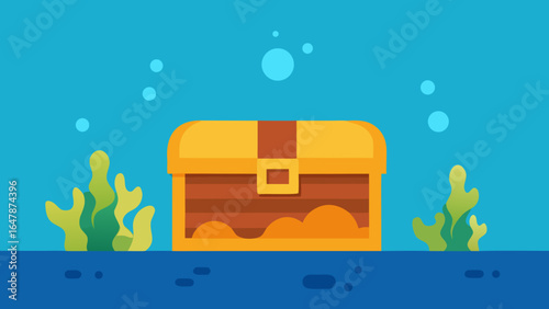 flat style underwater treasure chest scene