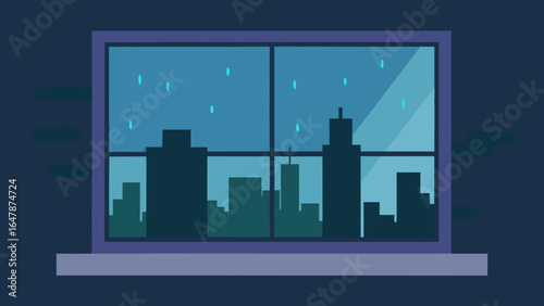 Rainy window view with city skyline flat style