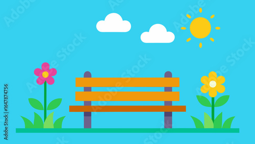 Sunny park bench with flowers flat vector