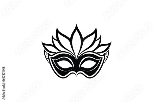 a black and white masquerade mask with leaf design on a plain white background silhouette