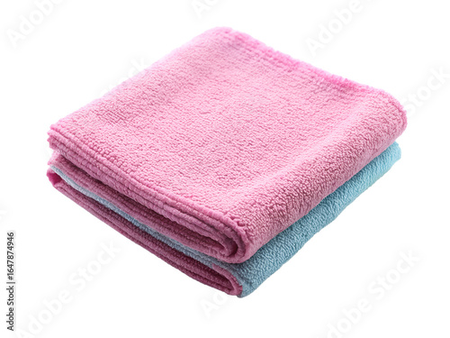 Stack of soft pink and blue microfiber towels for gentle cleaning and personal care, isolated on transparent background