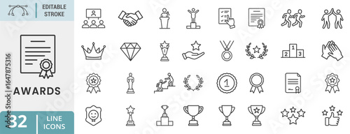 Achievement Recognition Line Icons Set Editable Stroke. Award, success, victory, prize, champion, leadership, honor