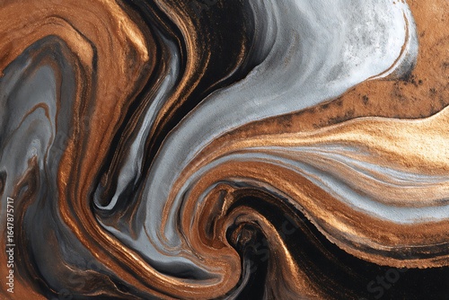 Luxurious swirling blend of metallic bronze, silver, and black creating a rich, dynamic abstract texture perfect for premium design backgrounds