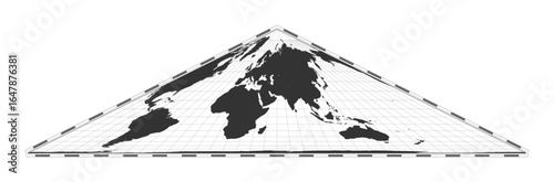 Vector world map. Collignon equal-area pseudocylindrical projection. Plain world geographical map with latitude and longitude lines. Centered to 60deg W longitude. Vector illustration.