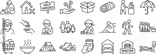 Homelessness aid icon set, social support symbols, poverty and shelter vector illustrations, donation, food, housing, and help graphics.