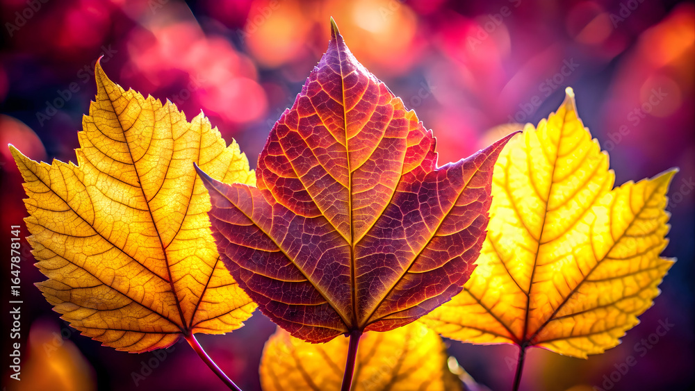 Naklejka premium Vibrant yellow and red leaves with intricate vein patterns autumn veins