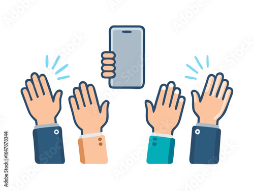 Raised hands holding the phone