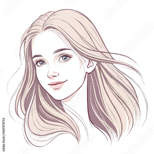 Serene Beauty: A hand-drawn portrait showcases a woman with flowing, sun-kissed hair. A gentle smile graces her lips, and her gaze radiates warmth and a serene essence.