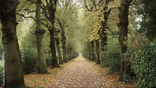 Serene tree-lined path with fallen leaves in autumn park  