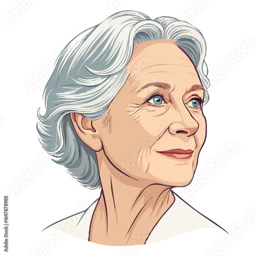 Elderly Woman's Gaze: A close-up portrait captures a wise elderly woman with silver hair, her gaze filled with experience and a gentle smile, radiating a sense of serenity and contentment.