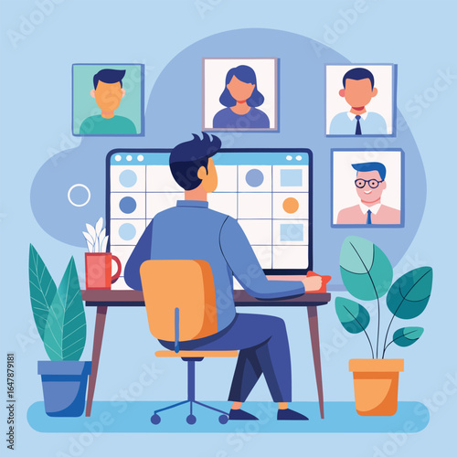Man working remotely on a project management board with video calls