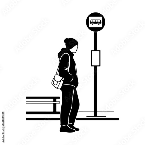 An image suitable for public transport travel themes. This vector art of a person waiting at a bus stop is suitable for graphic design, travel blogs, website icons, public service promotional posters.