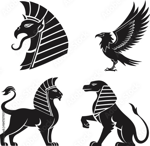 Ancient egyptian symbols featuring a falcon headed man a lion and an eagle