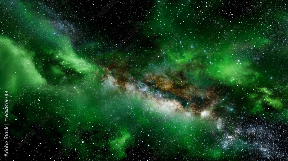 Obraz premium Vibrant Milky Way Stars Shimmering in Deep Green Cosmic Expanse with Colorful Nebulae