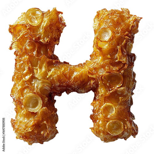 Top view of a 3D letter H made of Onion Rings isolated on a white transparent background