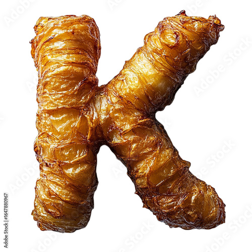 Top view of a 3D letter K made of Onion Rings isolated on a white transparent background