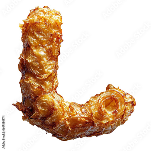 Top view of a 3D letter L made of Onion Rings isolated on a white transparent background