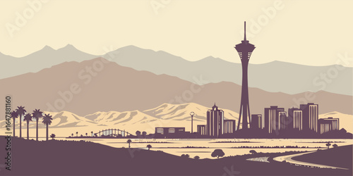 North Las Vegas skyline vector silhouette including city towers, desert horizon, and views toward The Strip