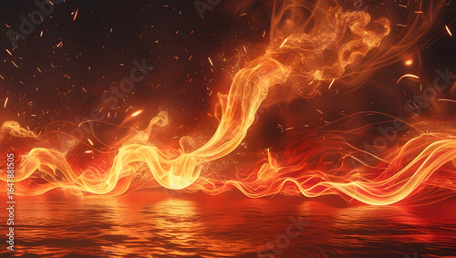 Fiery orange flames dance against a dark background, creating a hot, burning inferno of light and energy
